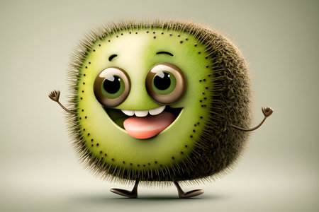Cute green kiwi character with smiley face on gray backgroundの素材