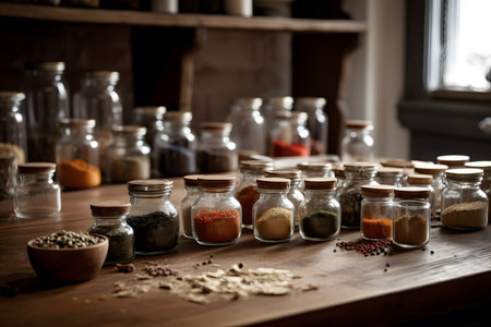 Various spices and herbs in glass jars on wooden table in kitchen.の素材