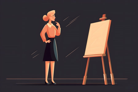 Cartoon businesswoman paints a picture on the easel. Vector illustrationの素材