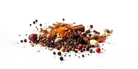 Spices and herbs on white background. Food and cuisine ingredients.の素材