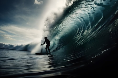 Surfer in the ocean wave. Surfer on blue ocean wave.の素材