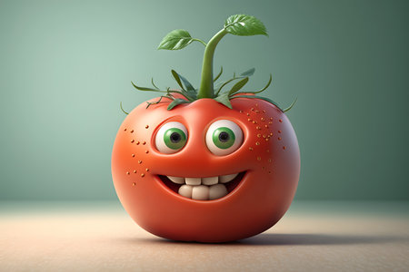 Smiling tomato with green plant on the face - 3d illustrationの素材