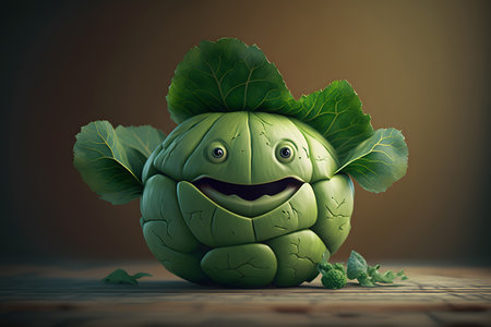 Smiling head of cabbage with leaves on a wooden table. 3d illustrationの素材