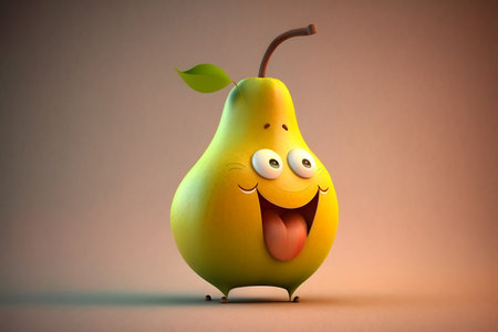 Funny yellow pear with a big smile on a brown background.の素材