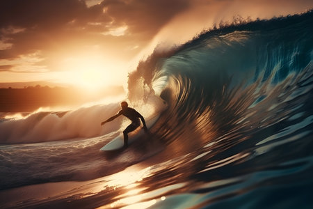 Surfer on the ocean wave at sunset. 3D Renderingの素材