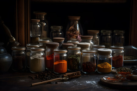 Spices and herbs in glass jars on a wooden table. dark background.の素材