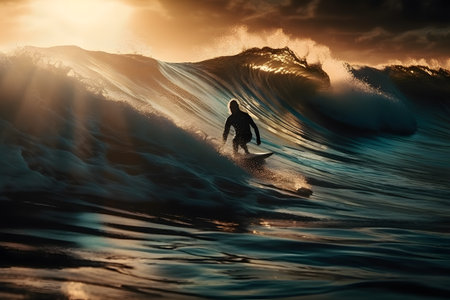 Surfer on a wave at sunset. 3D Rendering.の素材