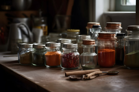 Various spices in glass jars on a wooden table. selective focus.の素材