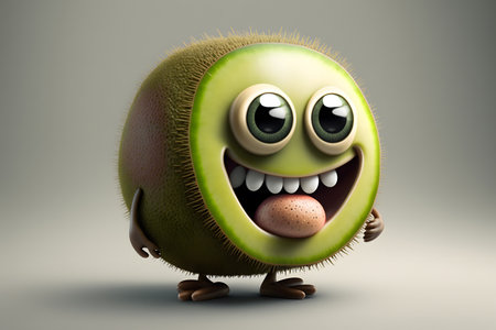 Funny kiwi fruit character on gray background. 3d illustrationの素材