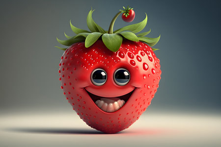 Smiling strawberry character on gray background, 3d render illustration.の素材