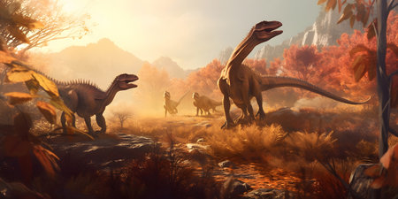 3d render of a fantasy landscape with dinosaurs and a couple of menの素材