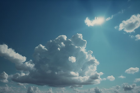 Blue sky with white clouds and sun. nature background. Toned.の素材