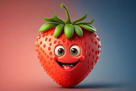 Smiling strawberry with eyes and mouth, 3d rendering. Computer digital drawing.の素材