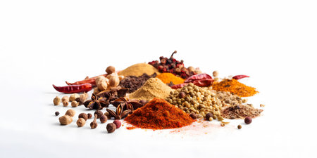Various spices and herbs on a white background. Food and cuisine ingredients.の素材