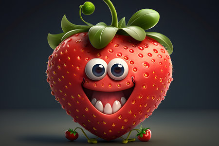 Cartoon strawberry character with a smiley face on a dark backgroundの素材