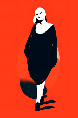 Vector illustration of a beautiful woman in black dress on a red backgroundの素材
