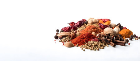 Various spices and herbs over white background. Food and cuisine ingredients.の素材