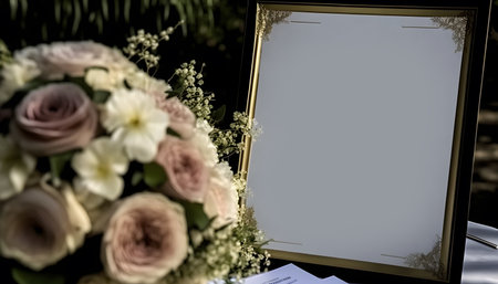 Blank white frame on a table with a bouquet of flowersの素材