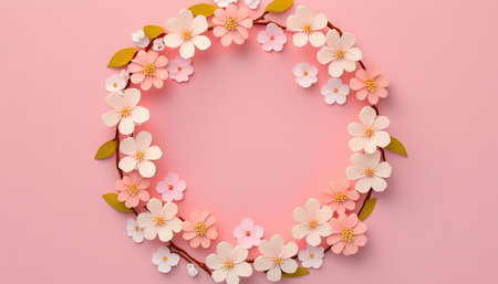 Flower wreath on pink background. Flat lay, top viewの素材