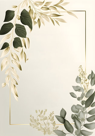 Eucalyptus leaves background with gold frame. Vector illustration.の素材