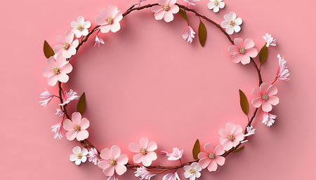 Flower wreath with cherry blossoms on pink background. 3d illustrationの素材