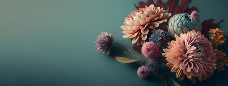 Colorful autumn bouquet of dahlias on a blue backgroundの素材