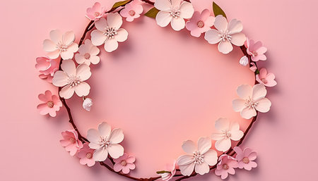 Flower wreath on pink background. Flat lay, top viewの素材