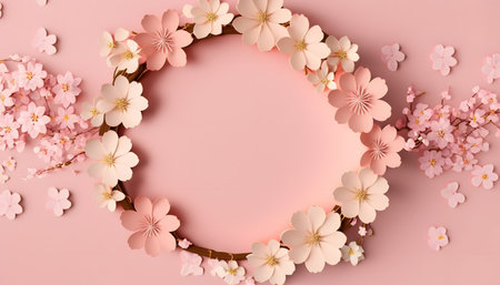 3d render of a wreath of cherry blossoms on pink backgroundの素材