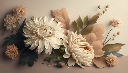 Autumn floral background with dahlias and leaves. 3D illustrationの素材