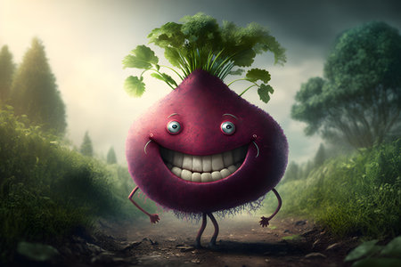 Funny beet character with green leaves on his head. 3d renderingの素材