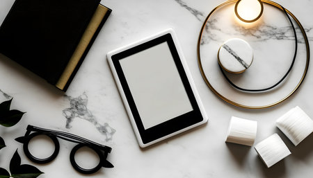 Flat lay composition with tablet, stationery and accessoriesle backgroundの素材