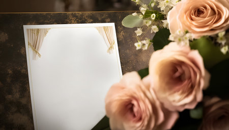 Greeting card with copy space and bouquet of pink rosesの素材