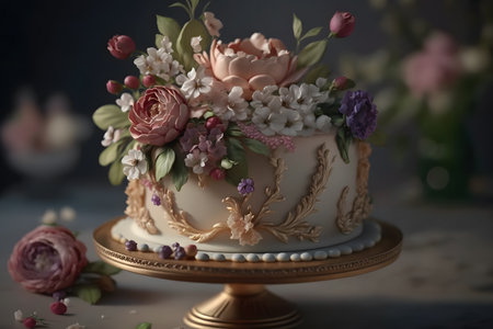 Beautiful wedding cake decorated with flowers and leaves on table, closeupの素材