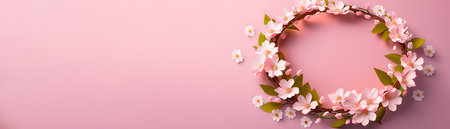 Creative layout made of spring flowers on pink background. Flat lay, top view, copy spaceの素材