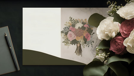 Wedding invitation card mockup with floral background. 3D renderingの素材