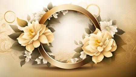 Elegant floral background with golden round frame and white flowers.の素材
