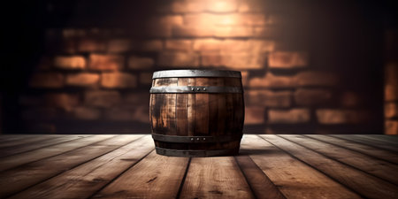 Wooden barrel on wooden table and brick wall background. 3d illustrationの素材