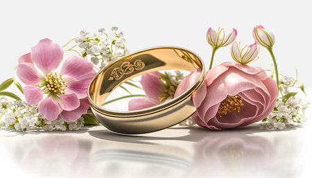 Wedding rings with flowers on white background. 3D illustration.の素材