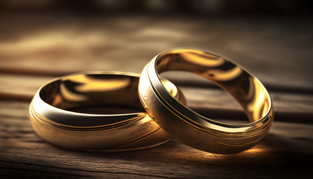 Wedding rings on a wooden background. 3D illustration.の素材