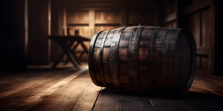 Wooden barrel on a wooden floor. 3d render, toned imageの素材