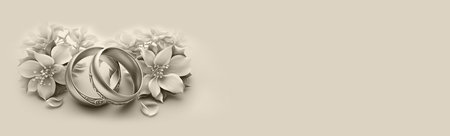 Wedding rings with flowers on a beige background. copy space.の素材