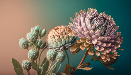 Colorful chrysanthemum flowers on a dark background. Toned.の素材