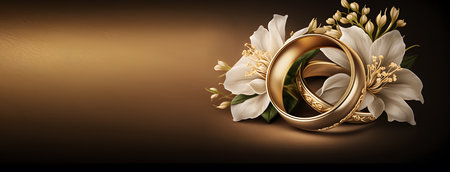 Wedding rings with flowers on a brown background. Vector illustration.の素材