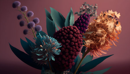Beautiful bouquet of dried flowers on a dark background. 3d renderingの素材