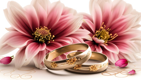 Wedding rings with flowers on a white background, close-upの素材