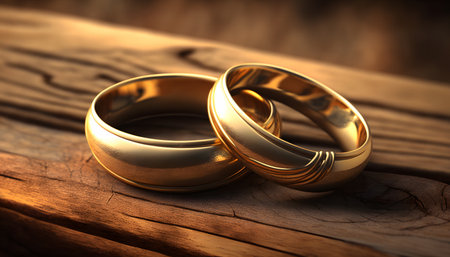 Wedding rings on a wooden background. 3D illustration.の素材