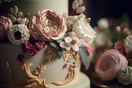 Wedding cake decorated with flowers, selective focus, vintage toneの素材