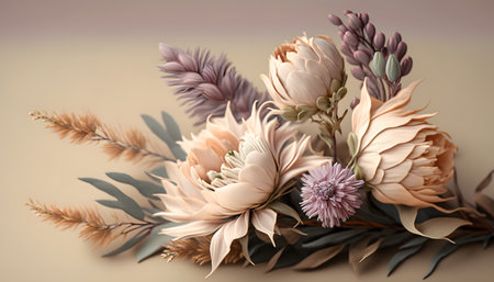 Bouquet of beautiful flowers on beige background, closeupの素材