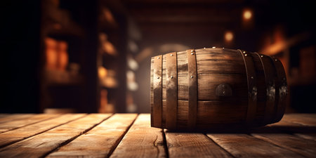 Wooden barrel on a wooden table in the cellar. 3d renderingの素材