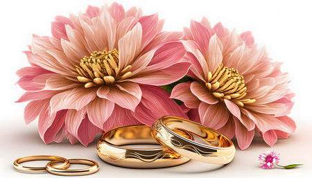 Wedding rings and flowers on a white background. 3D illustration.の素材